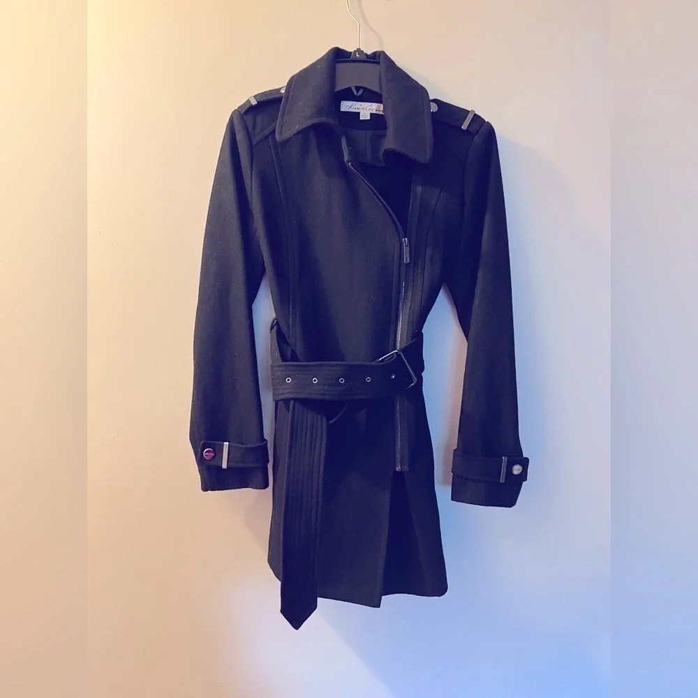 𝅺kenneth Cole Black Wool Blend Belted Trench - Picture 2 of 8